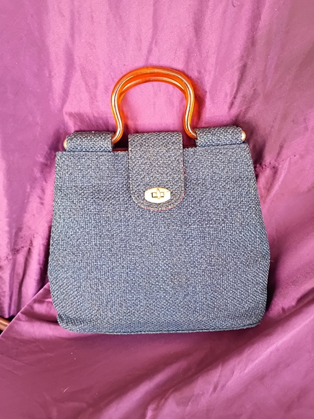 Navy Floral Needlepoint Satchel with Amber Handles - Picture 2 of 16